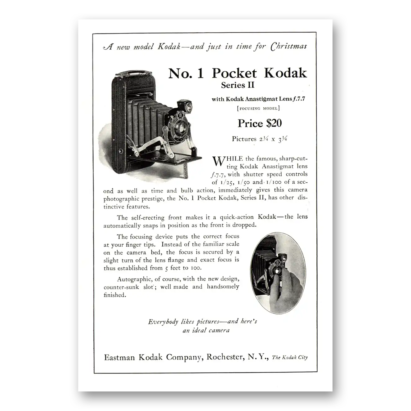 1922 Kodak Pocket Camera No 1 Pocket Anastigmat Christmas Vintage Magazine Print Ad