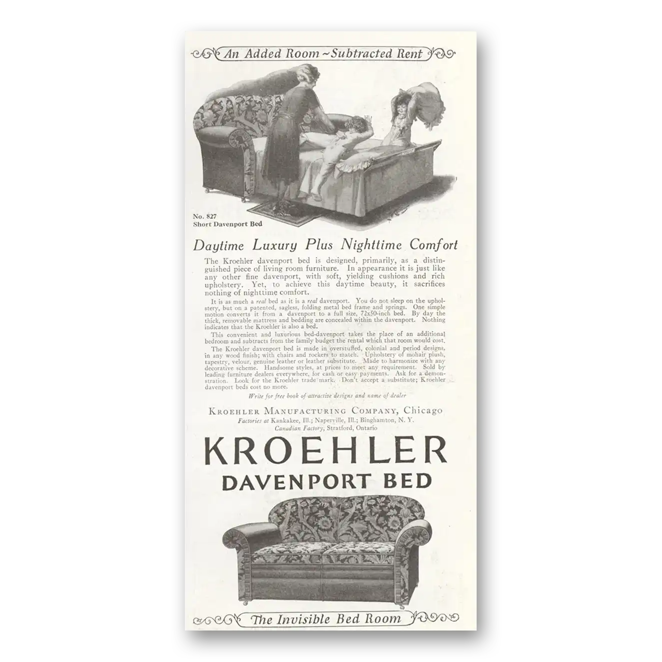 1922 Kroehler Furniture Davenport Bed Daytime Luxury Plus Nighttime Comfort Vintage Magazine Print Ad