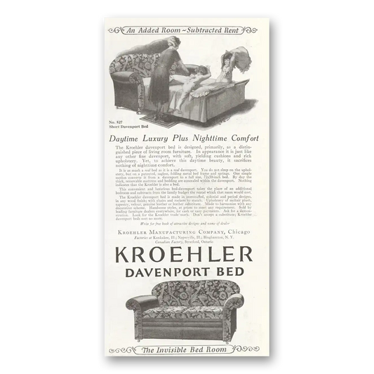 1922 Kroehler Furniture Davenport Bed Daytime Luxury Plus Nighttime Comfort Vintage Magazine Print Ad