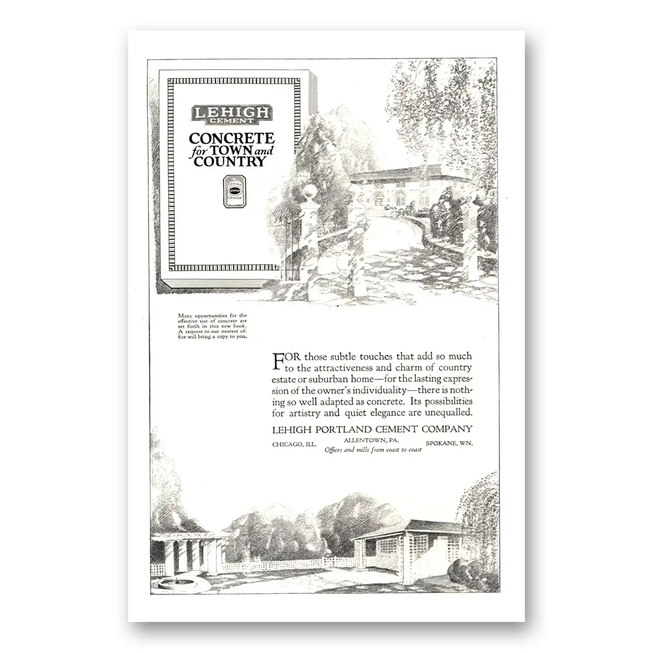 1922 Lehigh Cements Concrete for Town and Country Vintage Magazine Print Ad