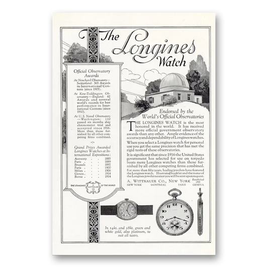 1922 Longines Wittnauer Observatory Awards Vintage Magazine Print Ad