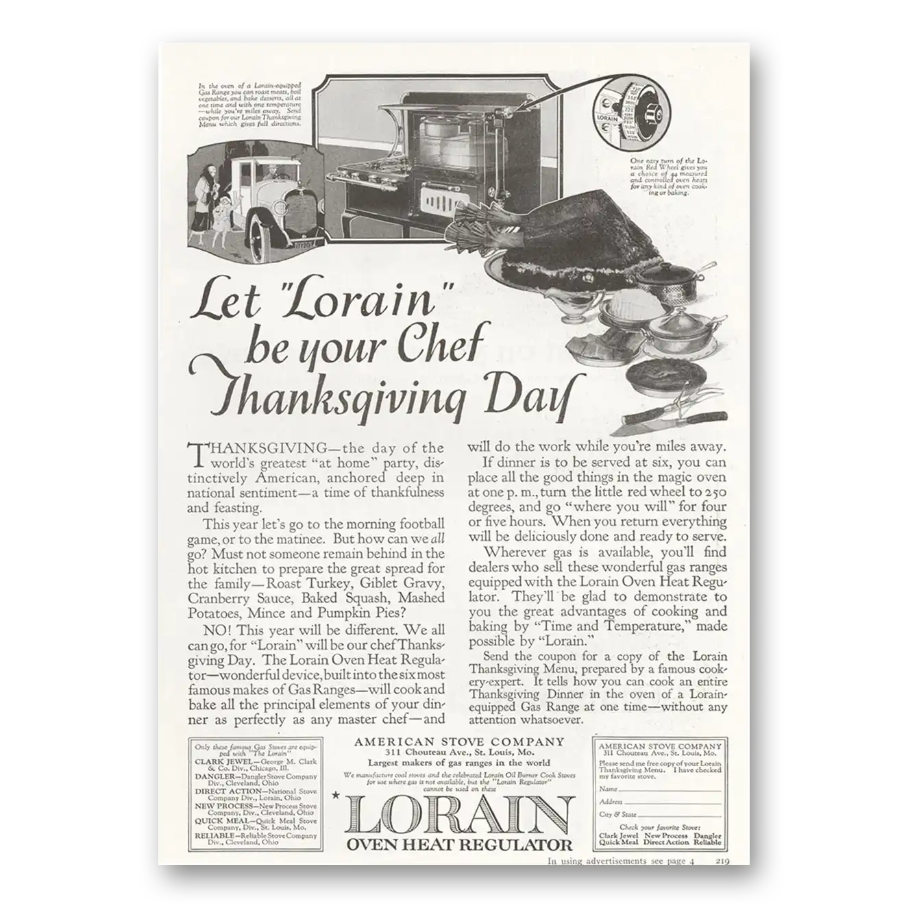 1922 Lorain Oven Heat Regulator Chef Thanksgiving Day Vintage Magazine Print Ad