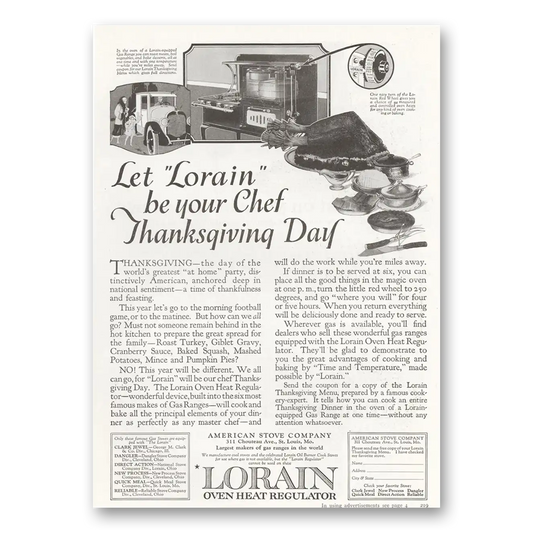 1922 Lorain Oven Heat Regulator Chef Thanksgiving Day Vintage Magazine Print Ad