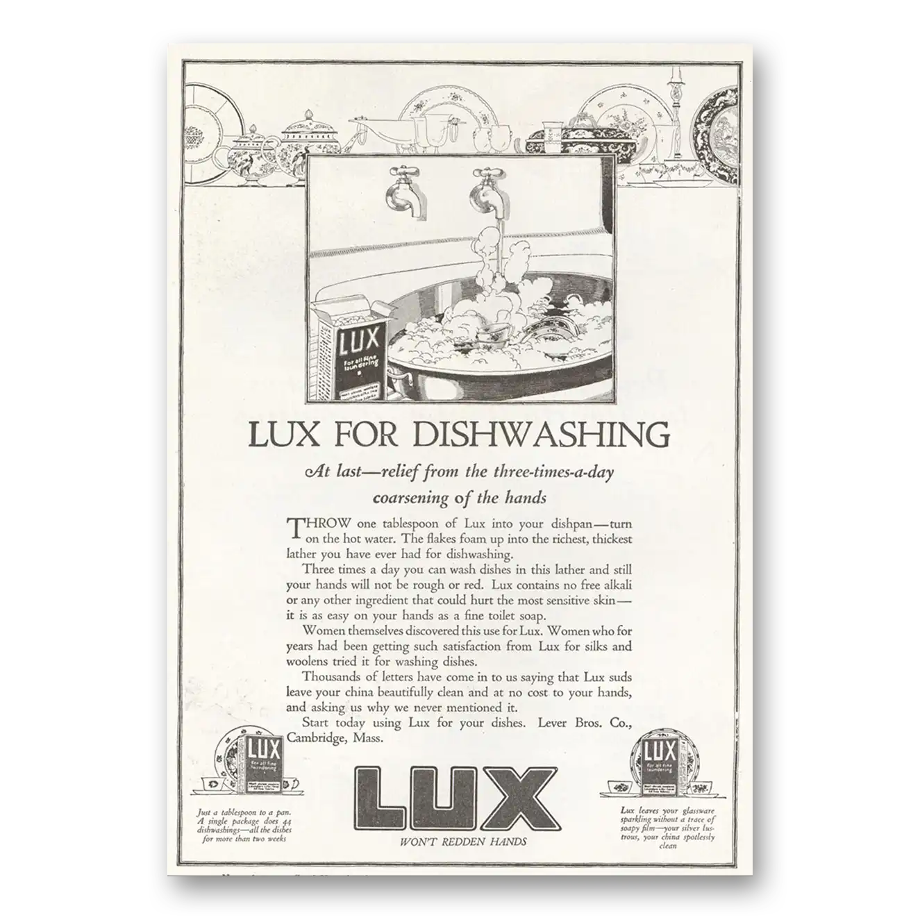 1922 Lux Soap Lux for Dishwashing Vintage Magazine Print Ad