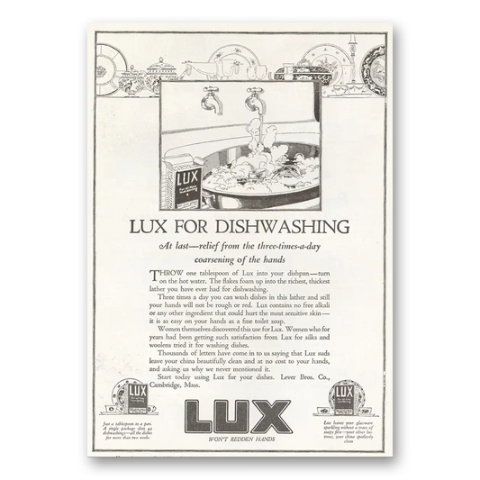 1922 Lux Soap Lux for Dishwashing Vintage Magazine Print Ad