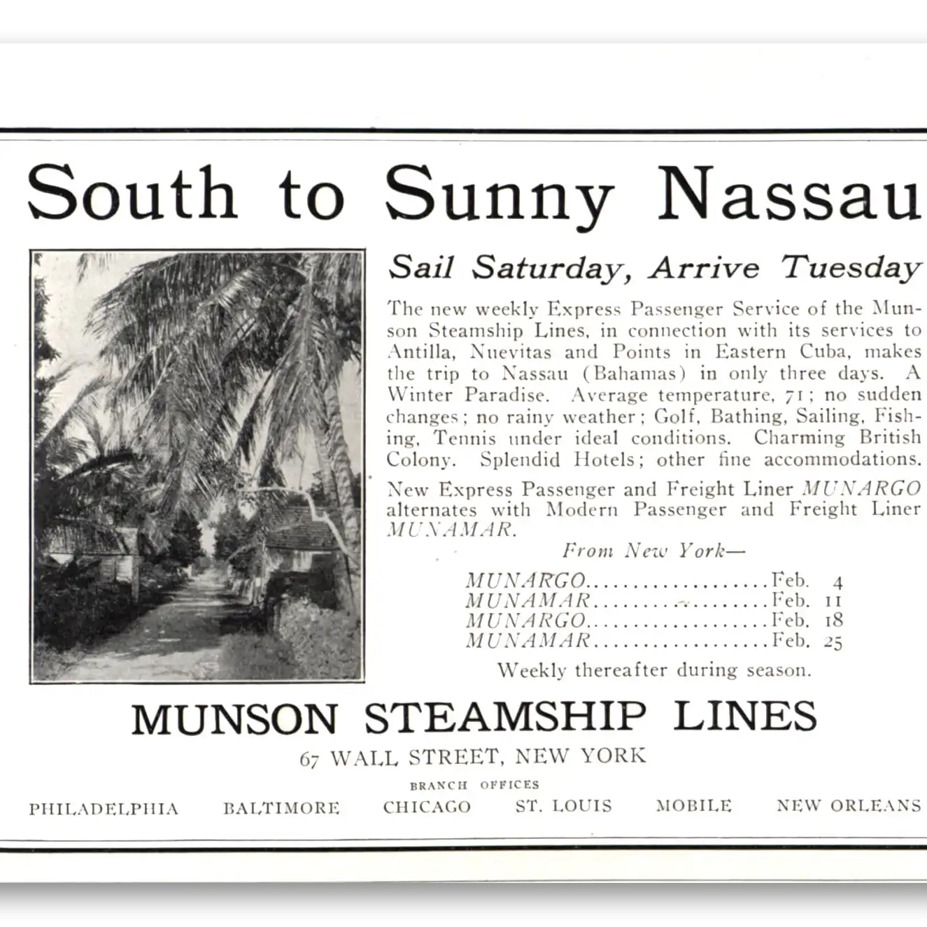 1922 Munson Steamship Lines South to Sunny Nassau Vintage Magazine Print Ad