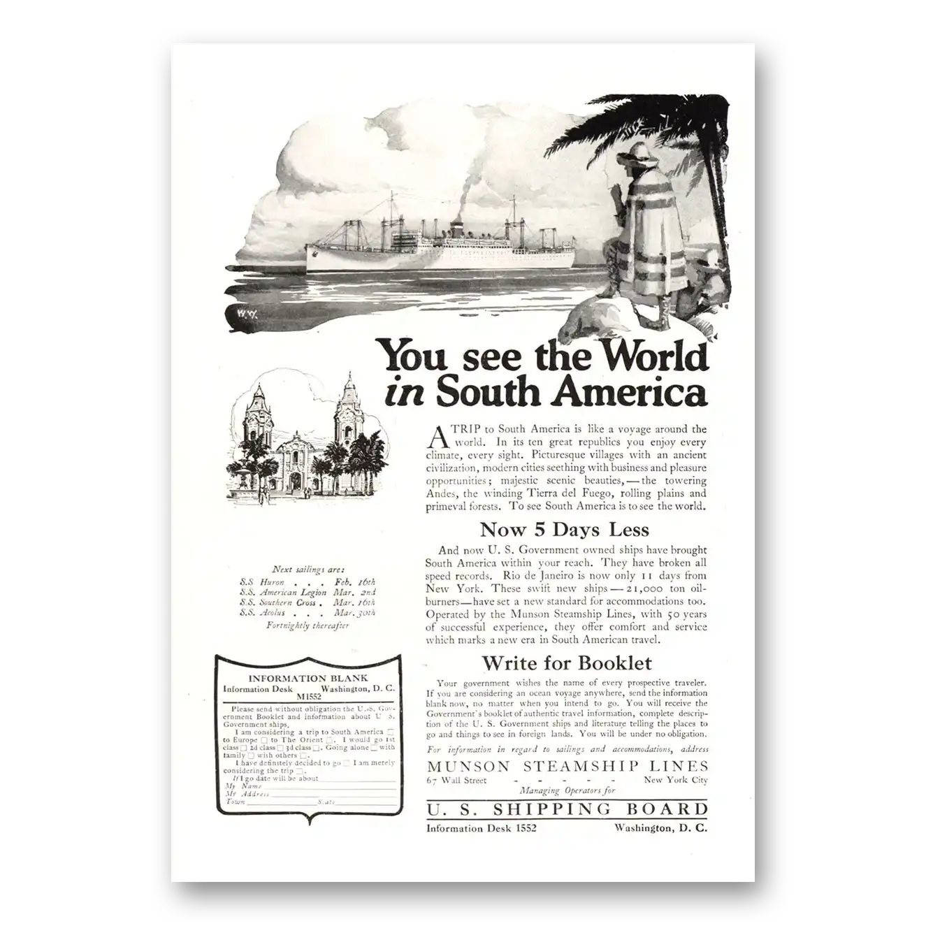 1922 Munson Steamship Lines See the World In South America Vintage Magazine Print Ad