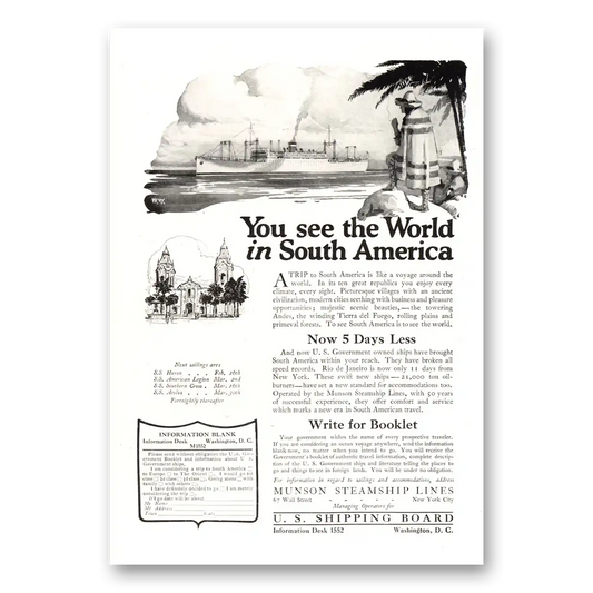 1922 Munson Steamship Lines See the World In South America Vintage Magazine Print Ad