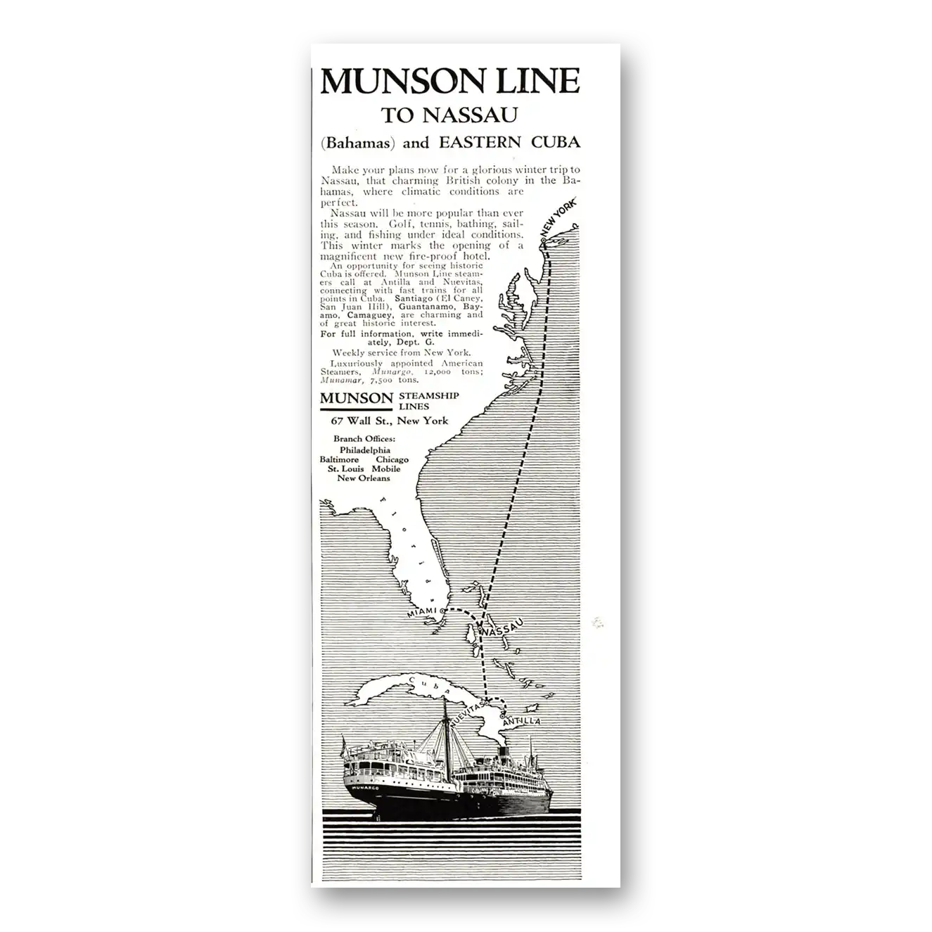 1922 Munson Steamship Lines Nassau and Eastern Cuba Vintage Magazine Print Ad