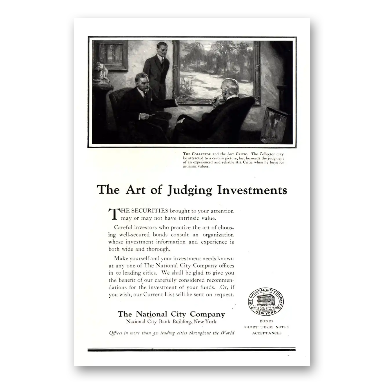 1922 National City Company Art of Judging Investments Vintage Magazine Print Ad