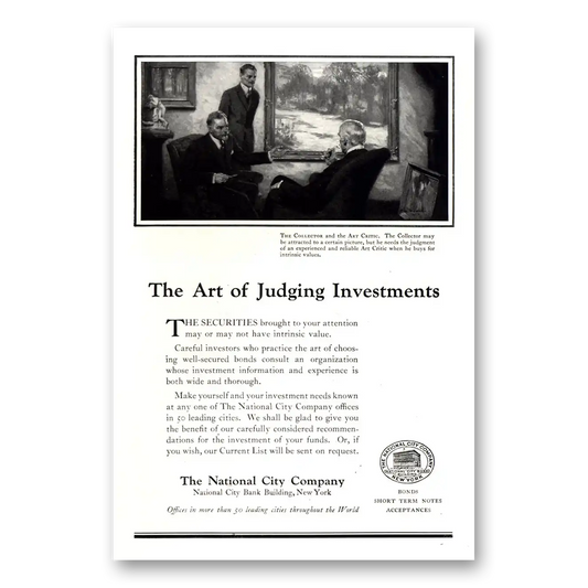 1922 National City Company Art of Judging Investments Vintage Magazine Print Ad