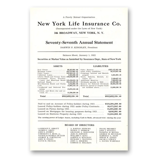 1922 New York Life Insurance Seventy Seventh Annual Statement Vintage Magazine Print Ad