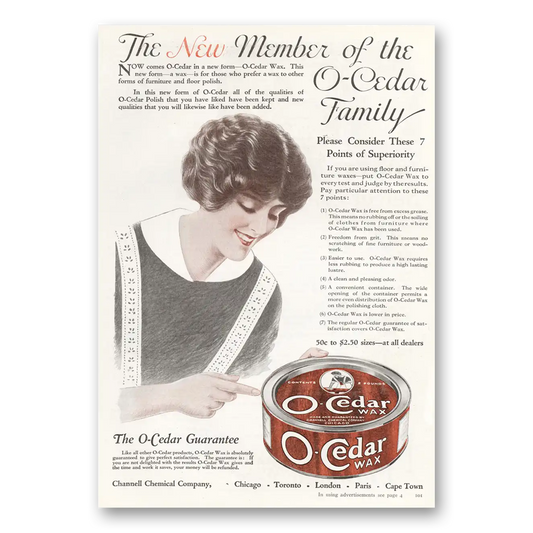 1922 O Cedar Wax New Member of the O Cedar Family Vintage Magazine Print Ad