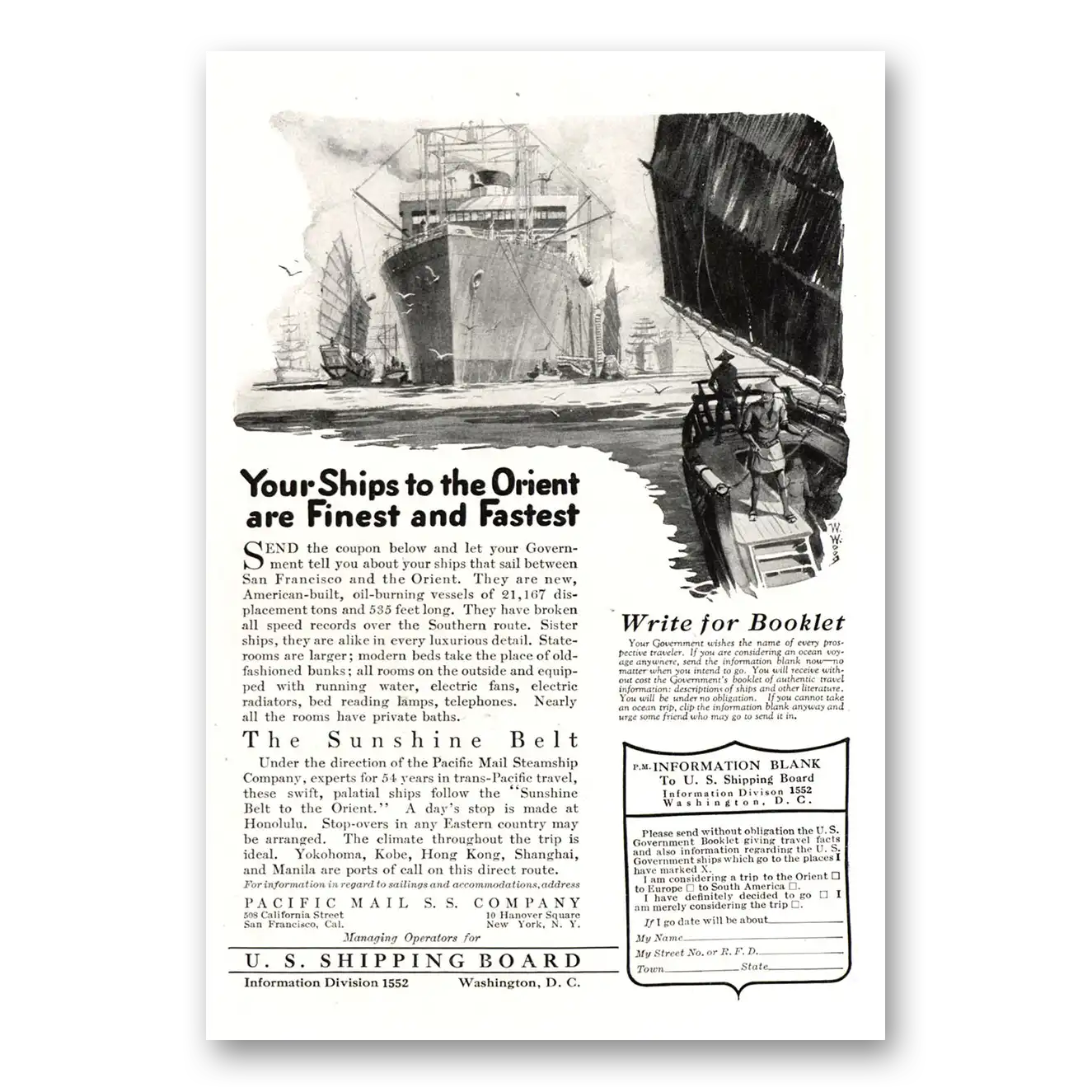 1922 Pacific Mail Steamship Ships to the Orient Finest Fastest Vintage Magazine Print Ad