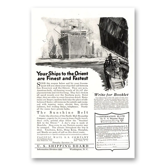 1922 Pacific Mail Steamship Ships to the Orient Finest Fastest Vintage Magazine Print Ad