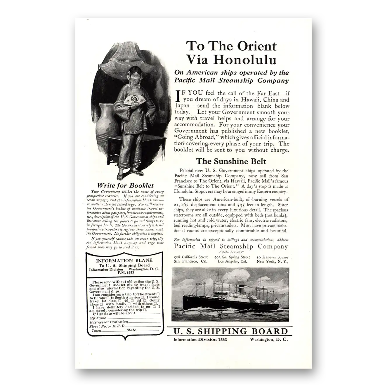 1922 Pacific Mail Steamship Orient Via Honolulu Vintage Magazine Print Ad