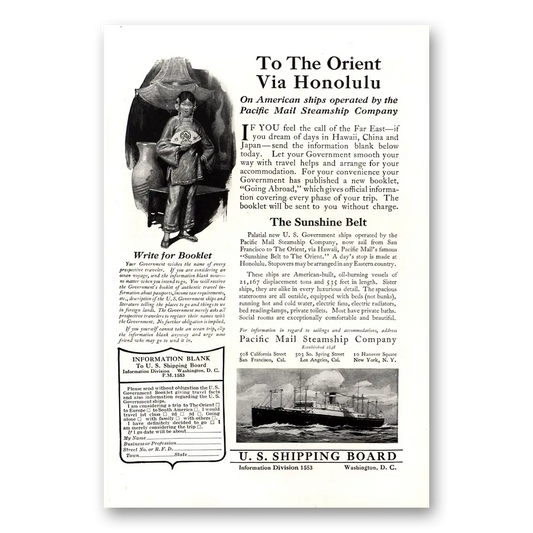 1922 Pacific Mail Steamship Orient Via Honolulu Vintage Magazine Print Ad