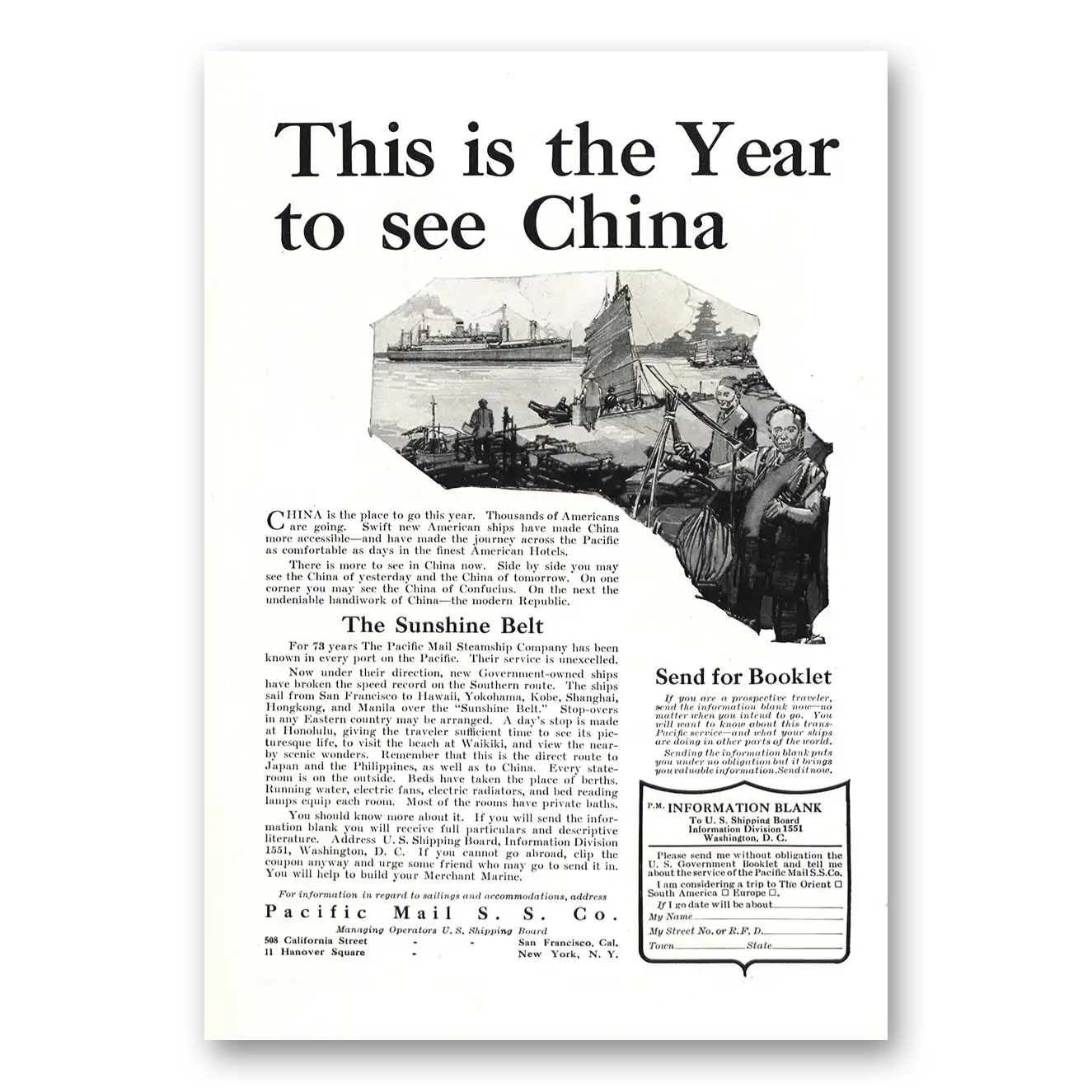 1922 Pacific Mail Steamship This Is Year to See China Vintage Magazine Print Ad