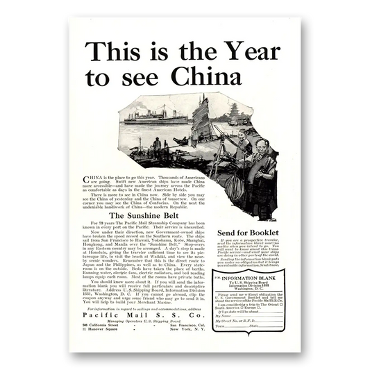 1922 Pacific Mail Steamship This Is the Year to See China Vintage Magazine Print Ad