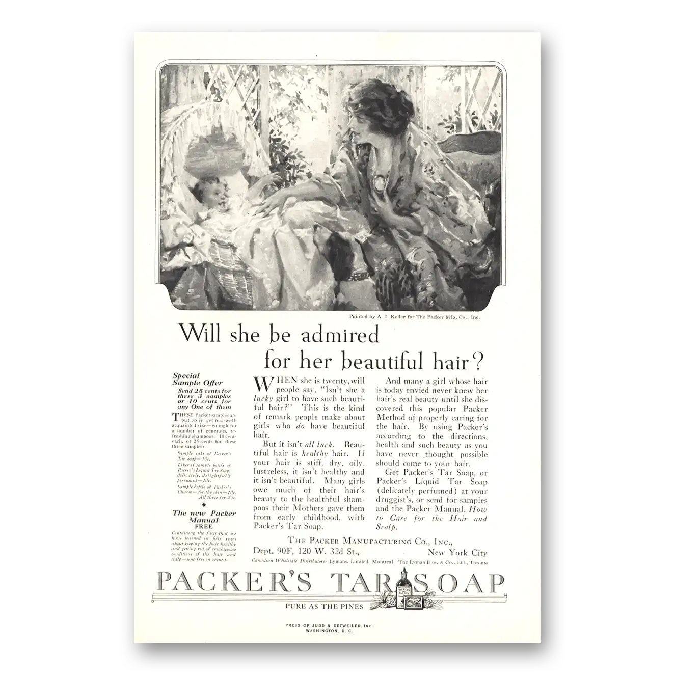 1922 Packers Tar Soap Admired for Beautiful Hair Vintage Magazine Print Ad