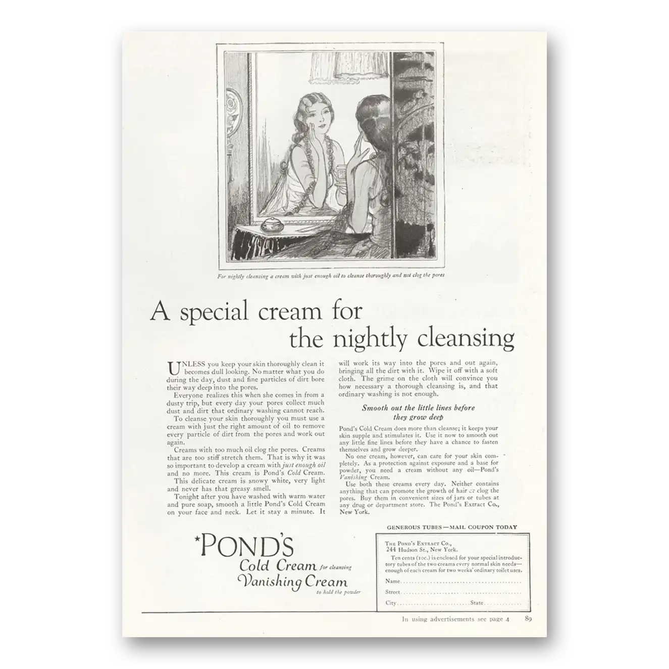 1922 Ponds Cold Cream Nightly Cleansing Vintage Magazine Print Ad