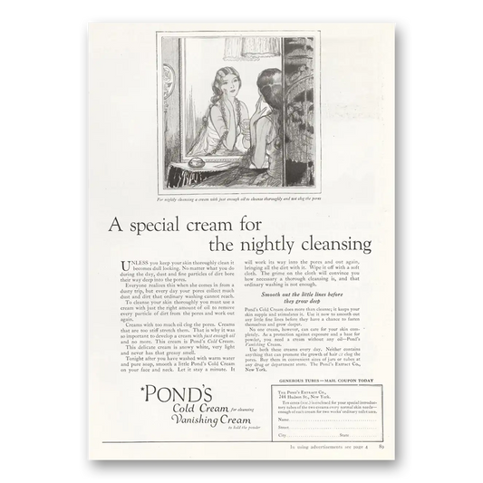 1922 Ponds Cold Cream Nightly Cleansing Vintage Magazine Print Ad