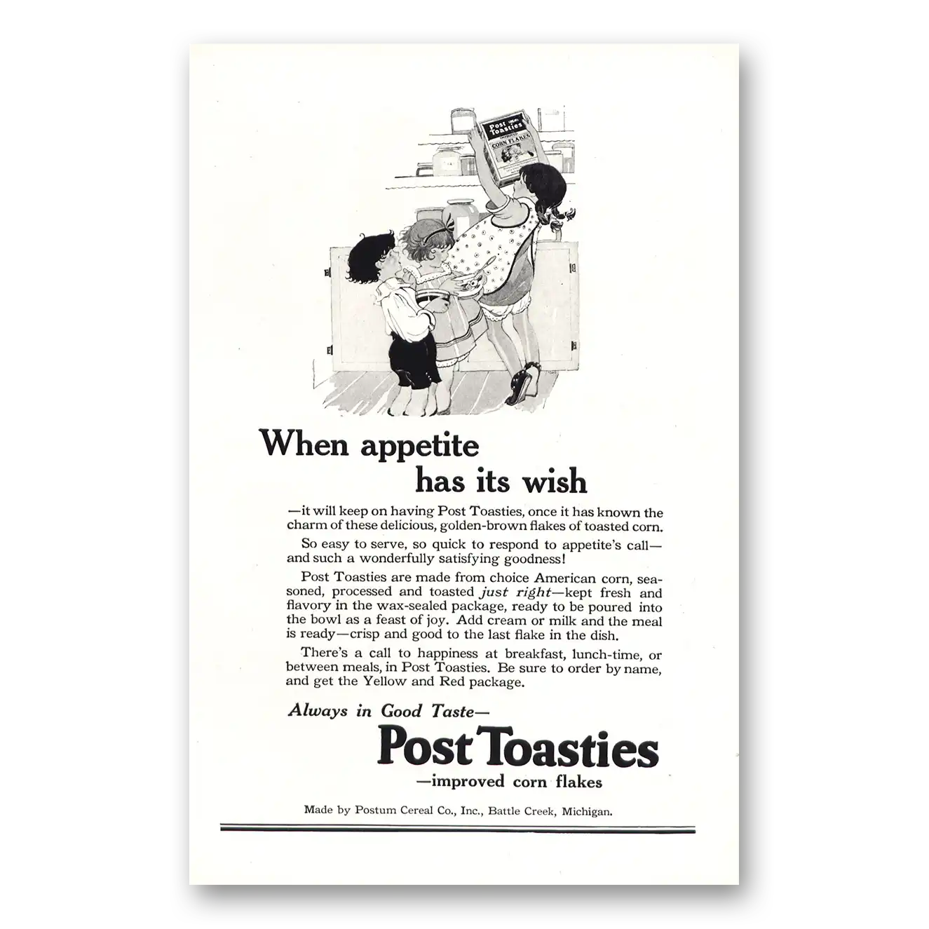 1922 Post Toasties When Appetite Has Its Wish Vintage Magazine Print Ad