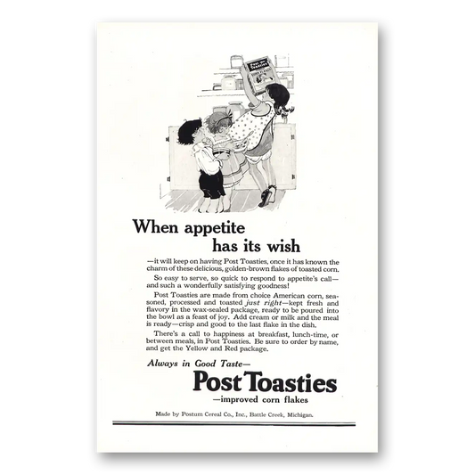 1922 Post Toasties When Appetite Has Its Wish Vintage Magazine Print Ad