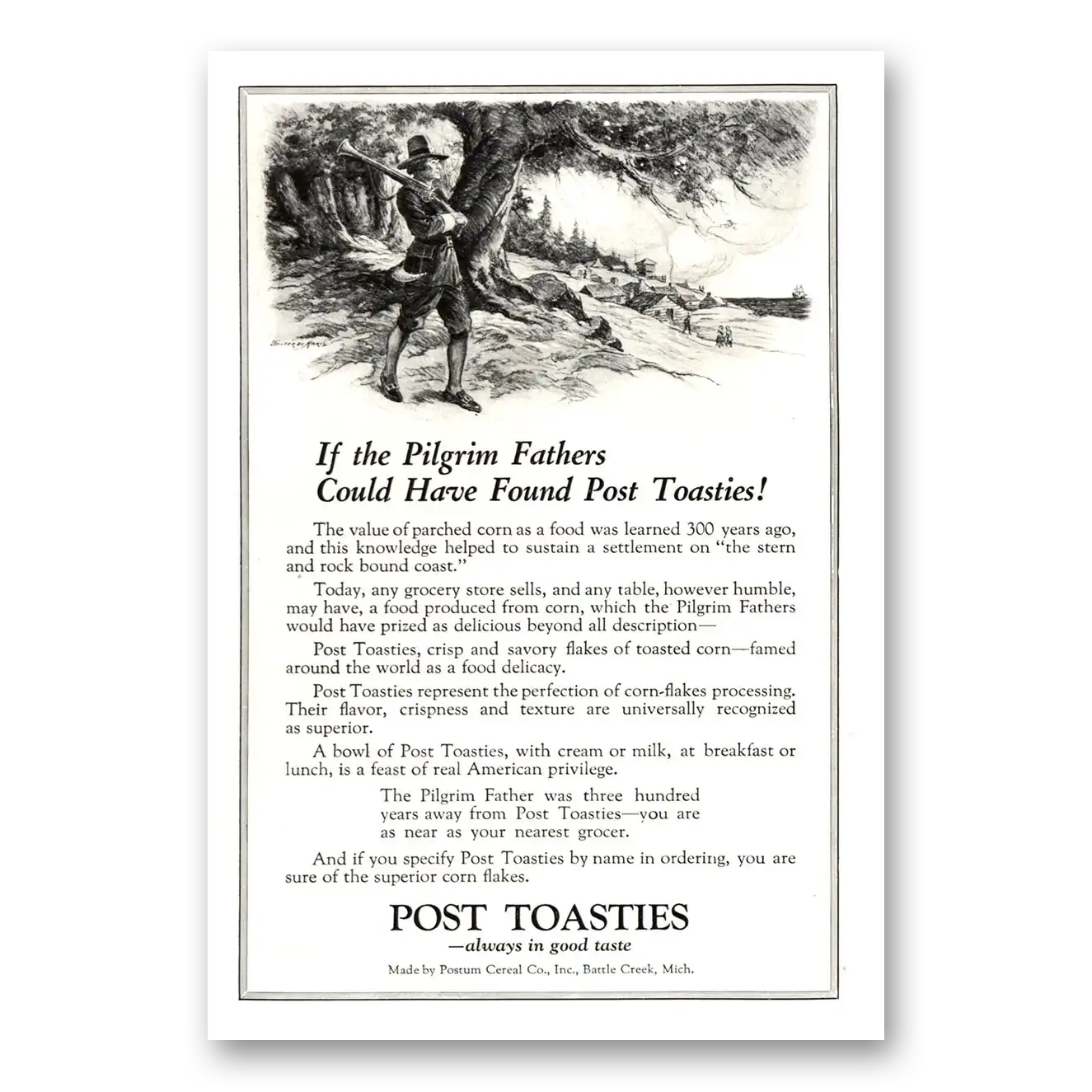 1922 Post Toasties Pilgrim Fathers Could Have Found Vintage Magazine Print Ad