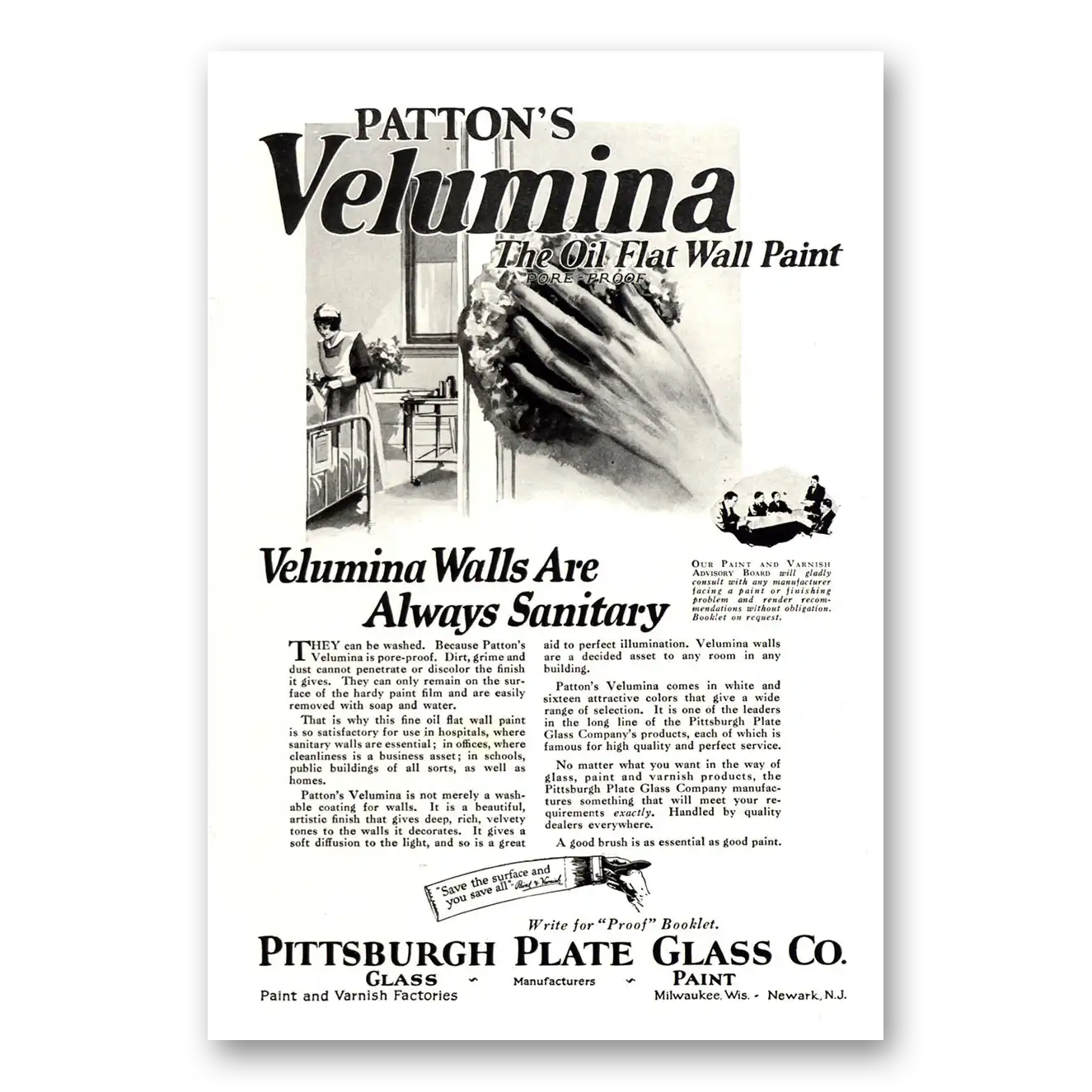 1922 PPG Pittsburgh Plate Glass Pattons Velumina Oil Flat Wall Paint Vintage Magazine Print Ad