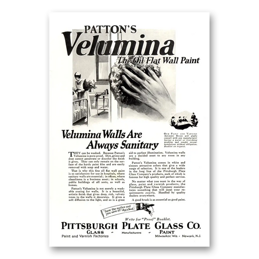 1922 PPG Pittsburgh Plate Glass Pattons Velumina Oil Flat Wall Paint Vintage Magazine Print Ad