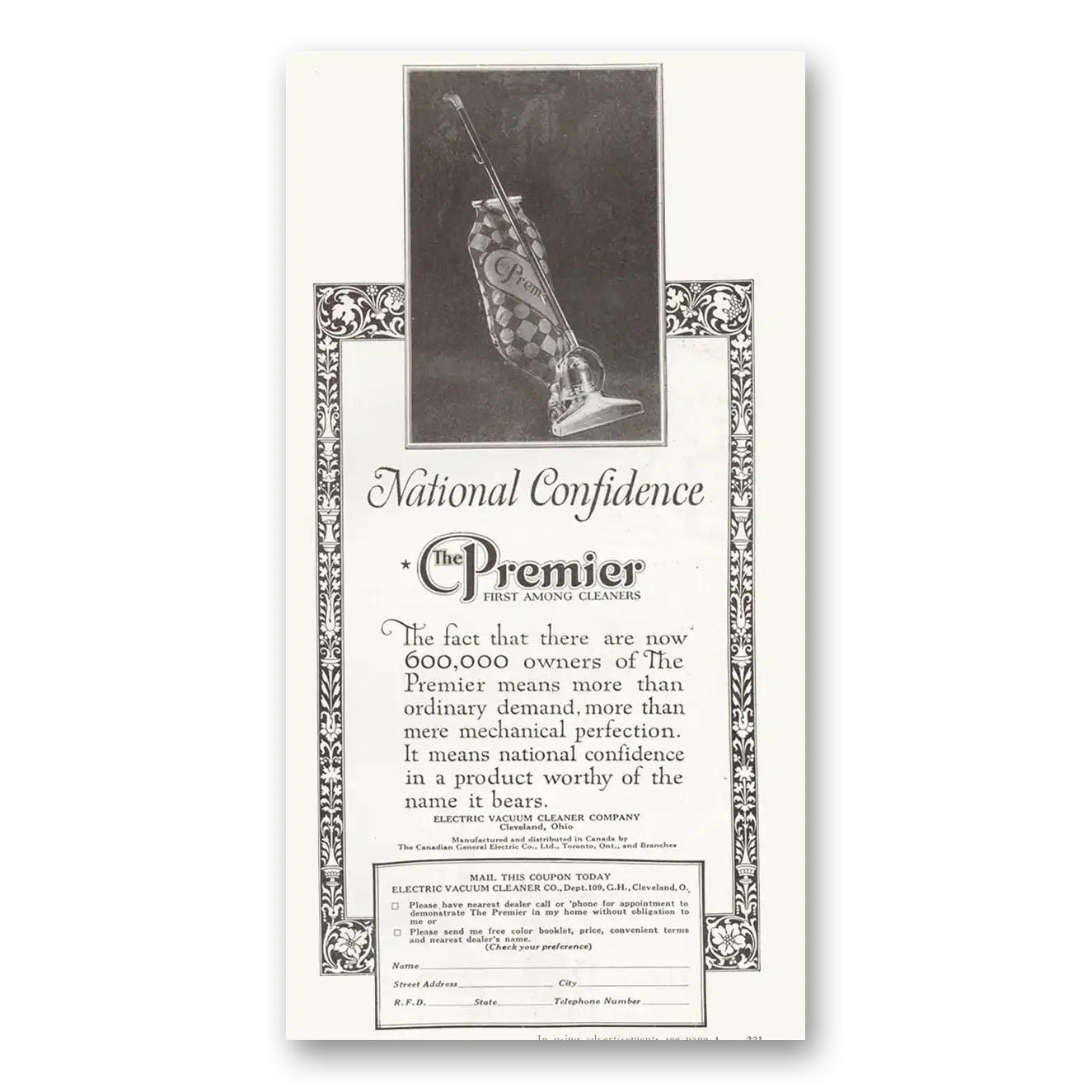 1922 Electric Vacuum Cleaner Premier National Confidence Vintage Magazine Print Ad