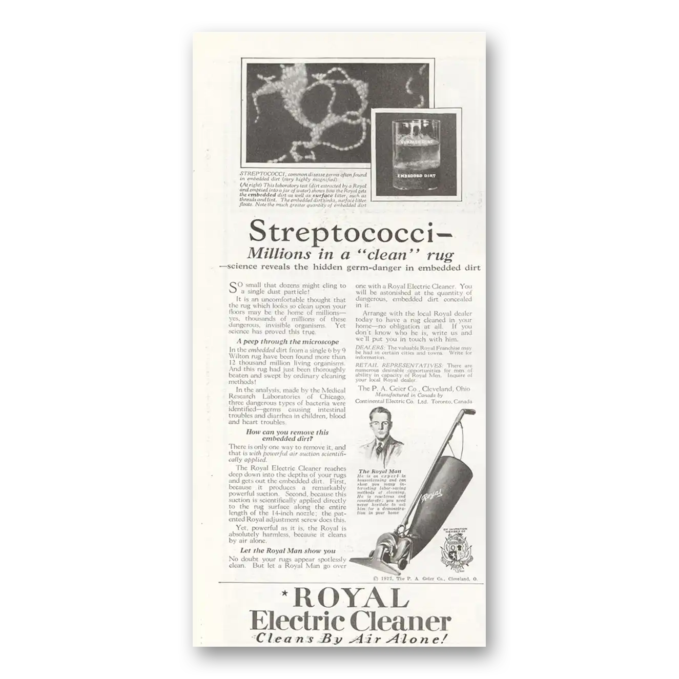 1922 Royal Electric Cleaner Streptococci Millions In Clean Rug Vintage Magazine Print Ad