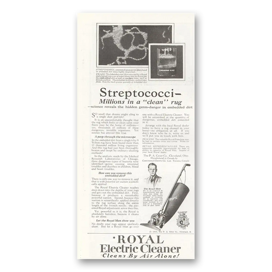 1922 Royal Electric Cleaner Streptococci Millions In Clean Rug Vintage Magazine Print Ad