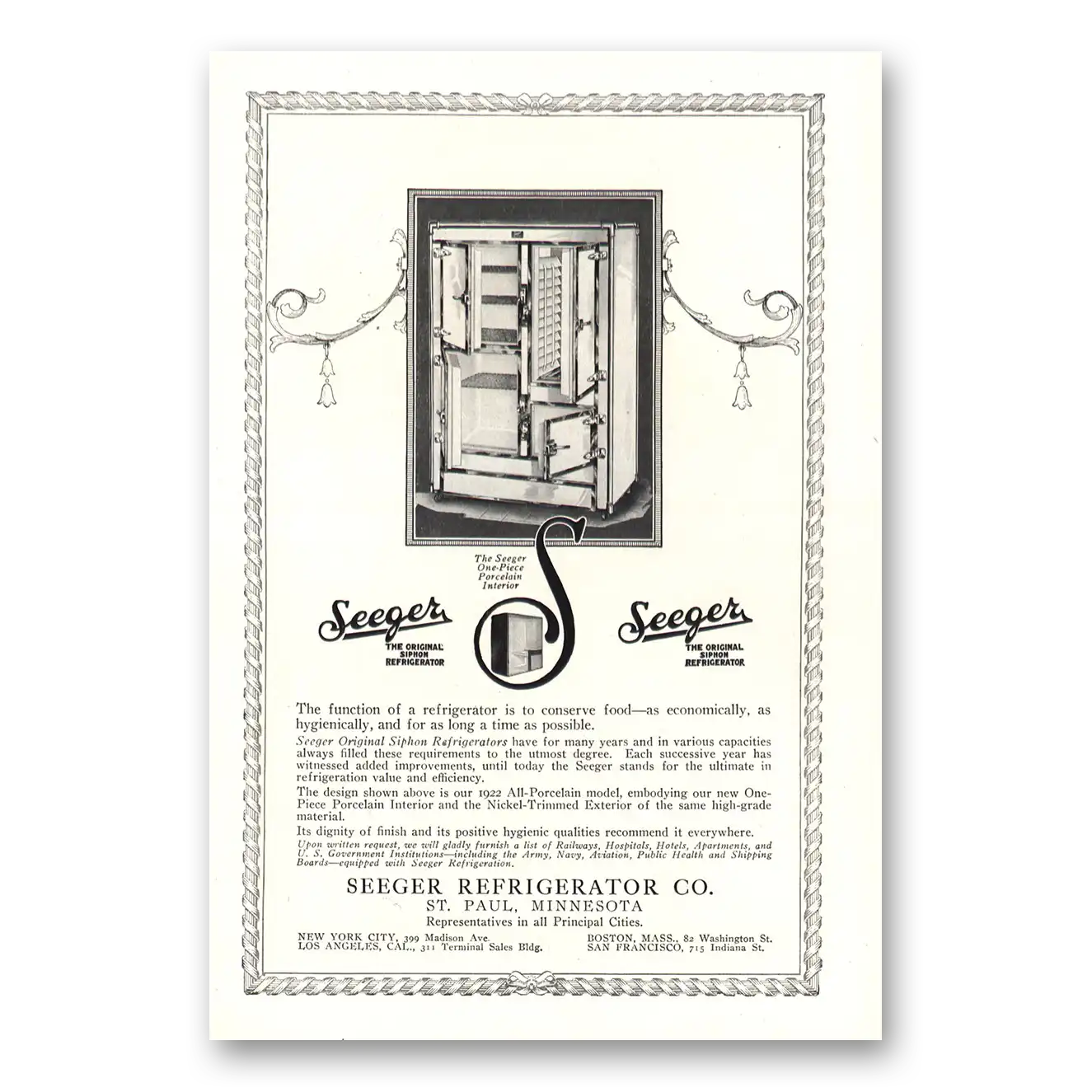 1922 Seeger Refrigerator Function Conserve Food Vintage Magazine Print Ad