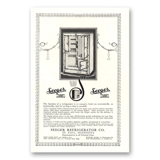 1922 Seeger Refrigerator Function Conserve Food Vintage Magazine Print Ad