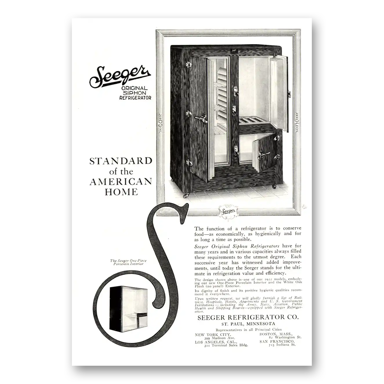 1922 Seeger Refrigerator Standard of American Home Vintage Magazine Print Ad