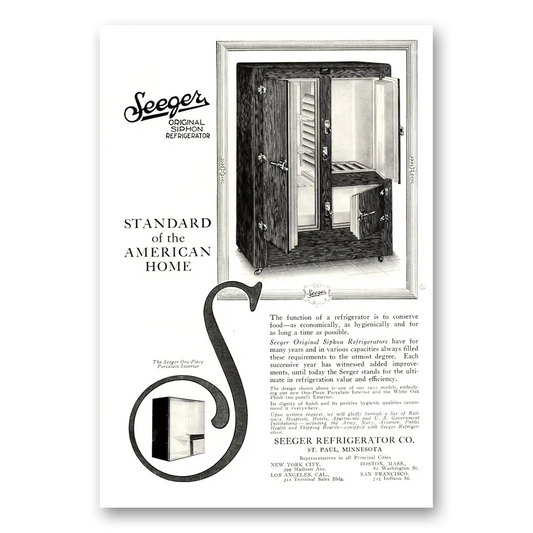 1922 Seeger Refrigerator Standard of American Home Vintage Magazine Print Ad