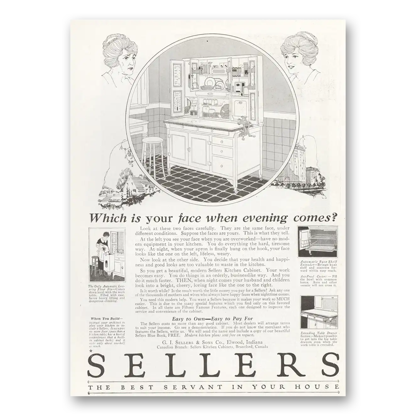 1922 Sellers Kitchen Cabinet Face When Evening Comes Vintage Magazine Print Ad