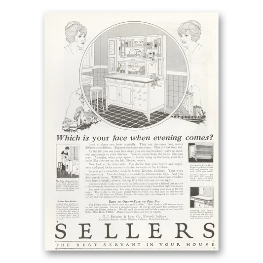 1922 Sellers Kitchen Cabinet Face When Evening Comes Vintage Magazine Print Ad