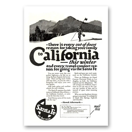 1922 Santa Fe Railway Out of Doors California Vintage Magazine Print Ad