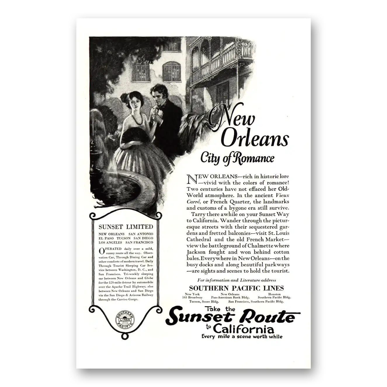 1922 Southern Pacific New Orleans City of Romance Vintage Magazine Print Ad