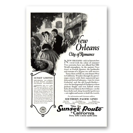 1922 Southern Pacific New Orleans City of Romance Vintage Magazine Print Ad