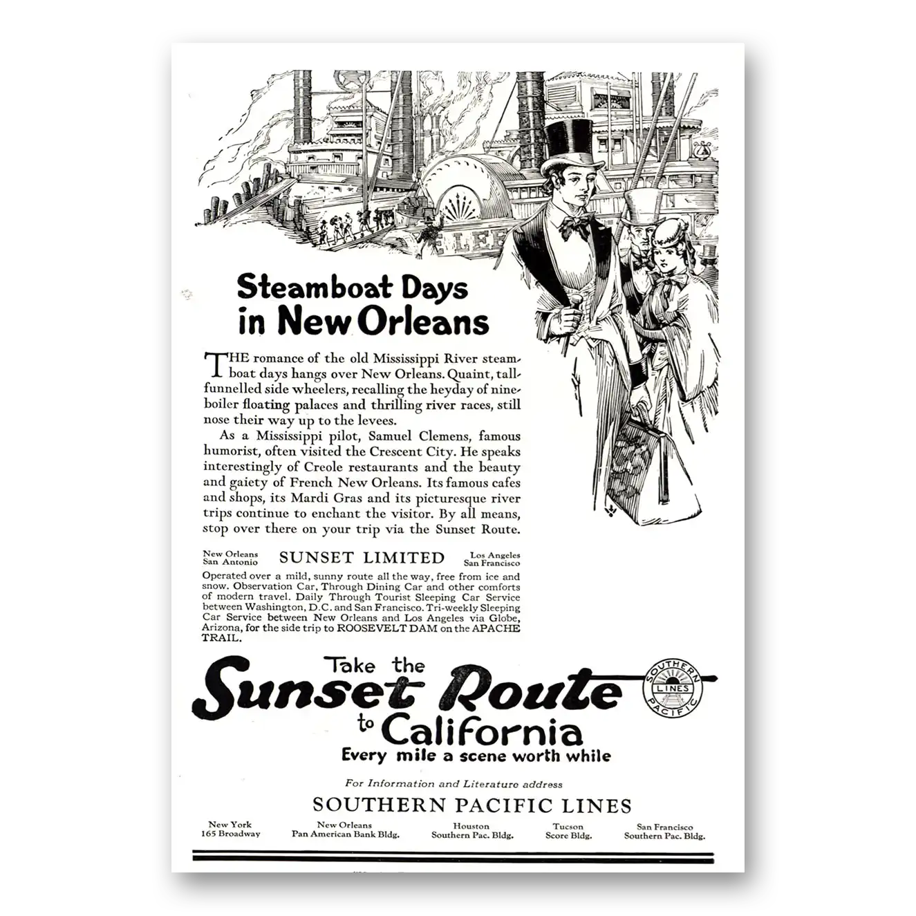 1922 Southern Pacific Steamboat Days New Orleans Vintage Magazine Print Ad