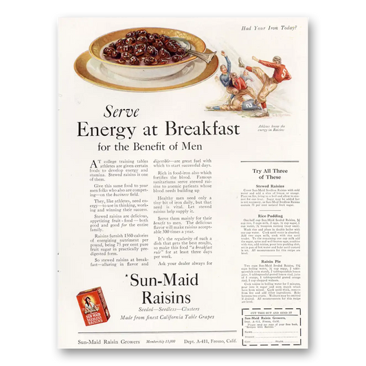 1922 Sun Maid Raisins Energy at Breakfast Benefit of Men Vintage Magazine Print Ad