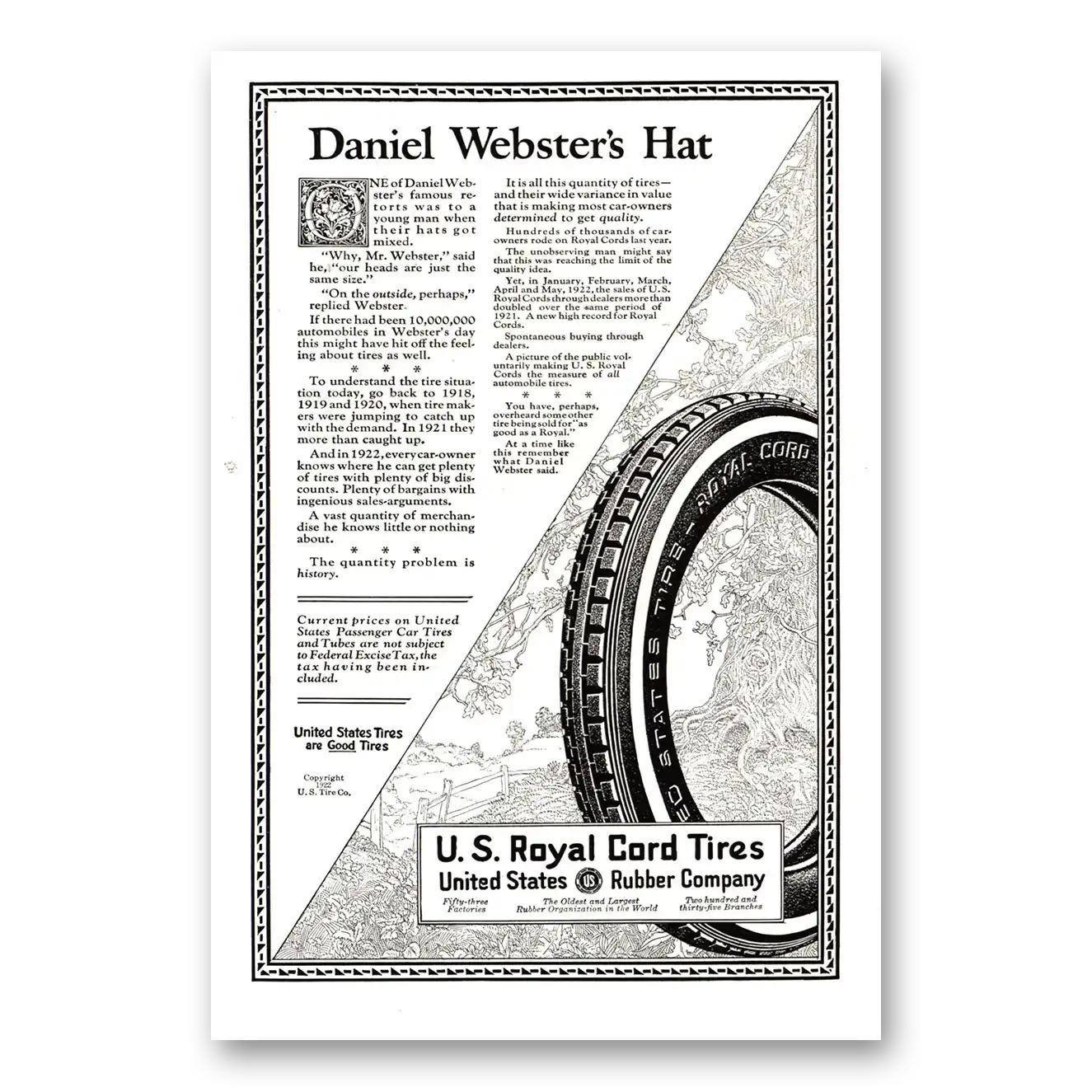 1922 US Royal Tires Daniel Websters Hat Vintage Magazine Print Ad