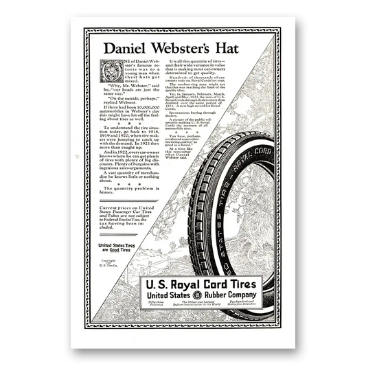 1922 US Royal Tires Daniel Websters Hat Vintage Magazine Print Ad