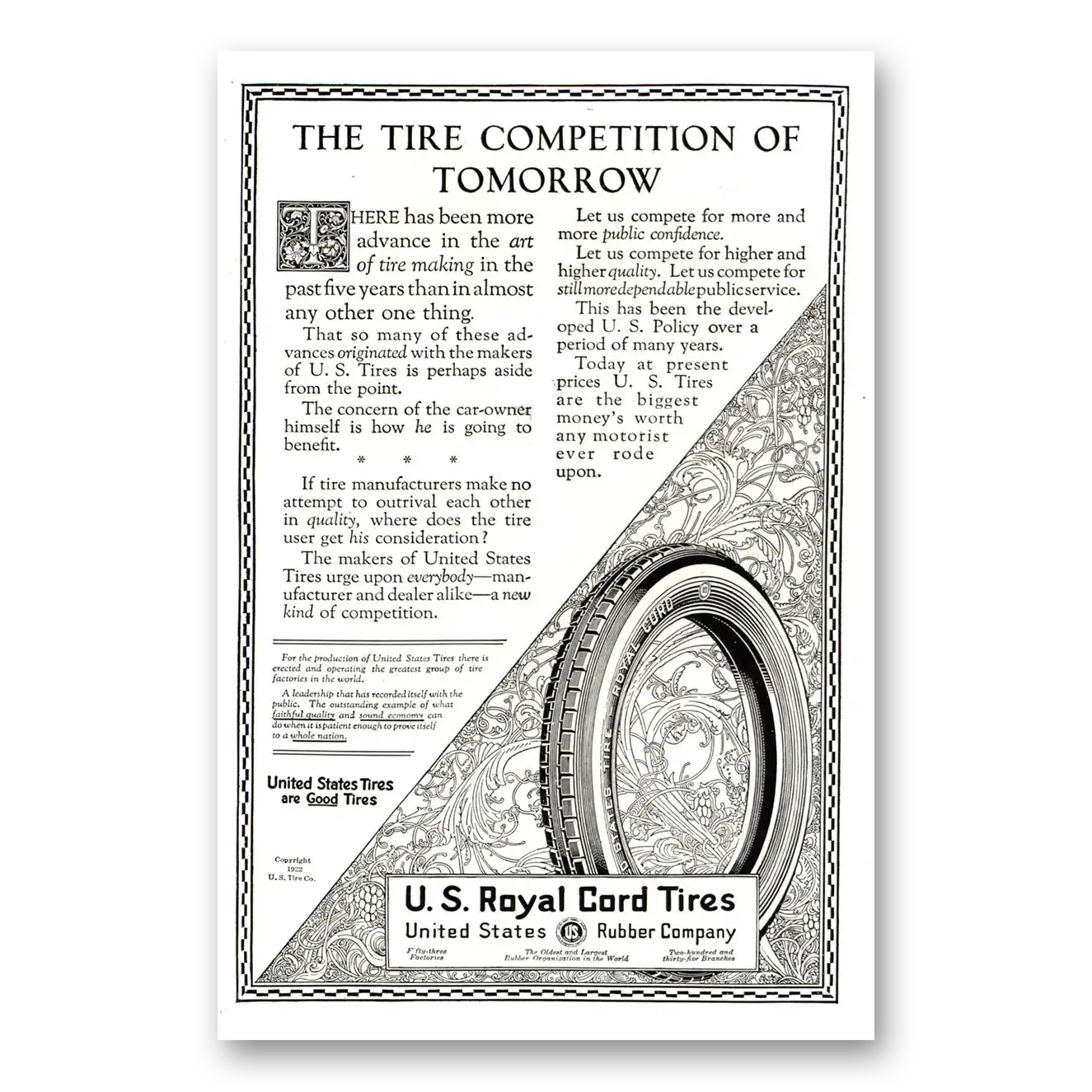 1922 US Royal Tires Competition of Tomorrow Vintage Magazine Print Ad