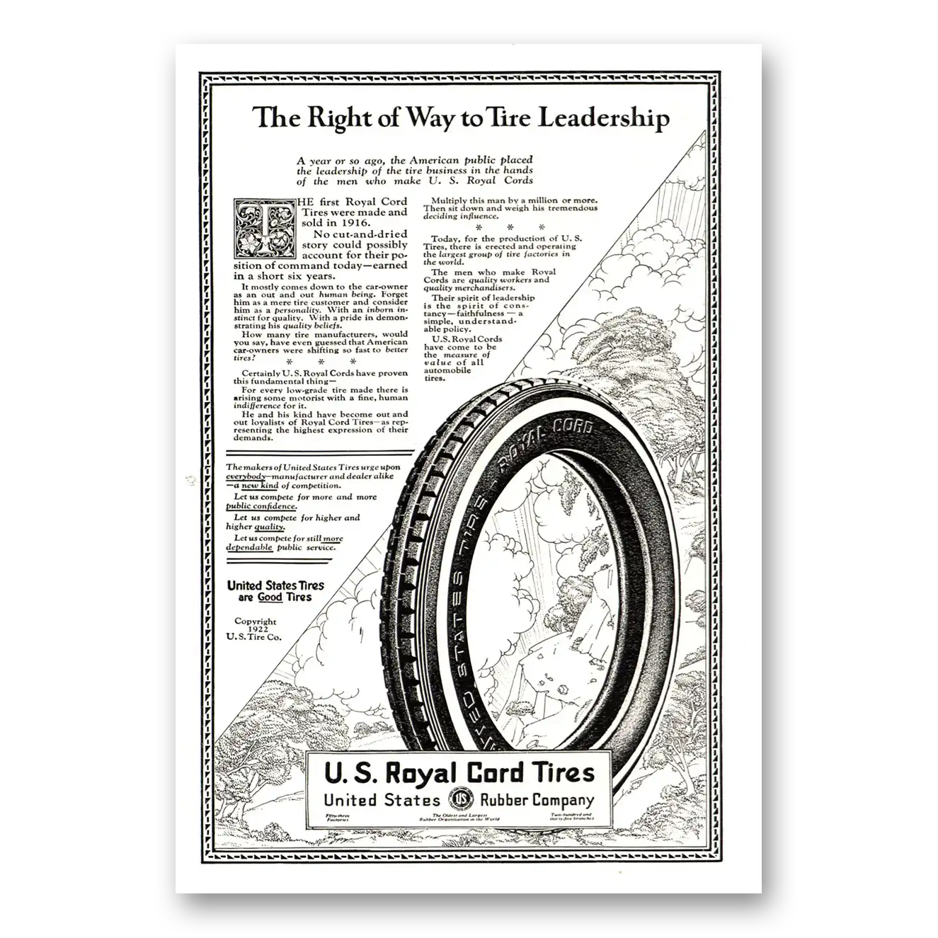 1922 US Royal Tires Right of Way Tire Leadership Vintage Magazine Print Ad