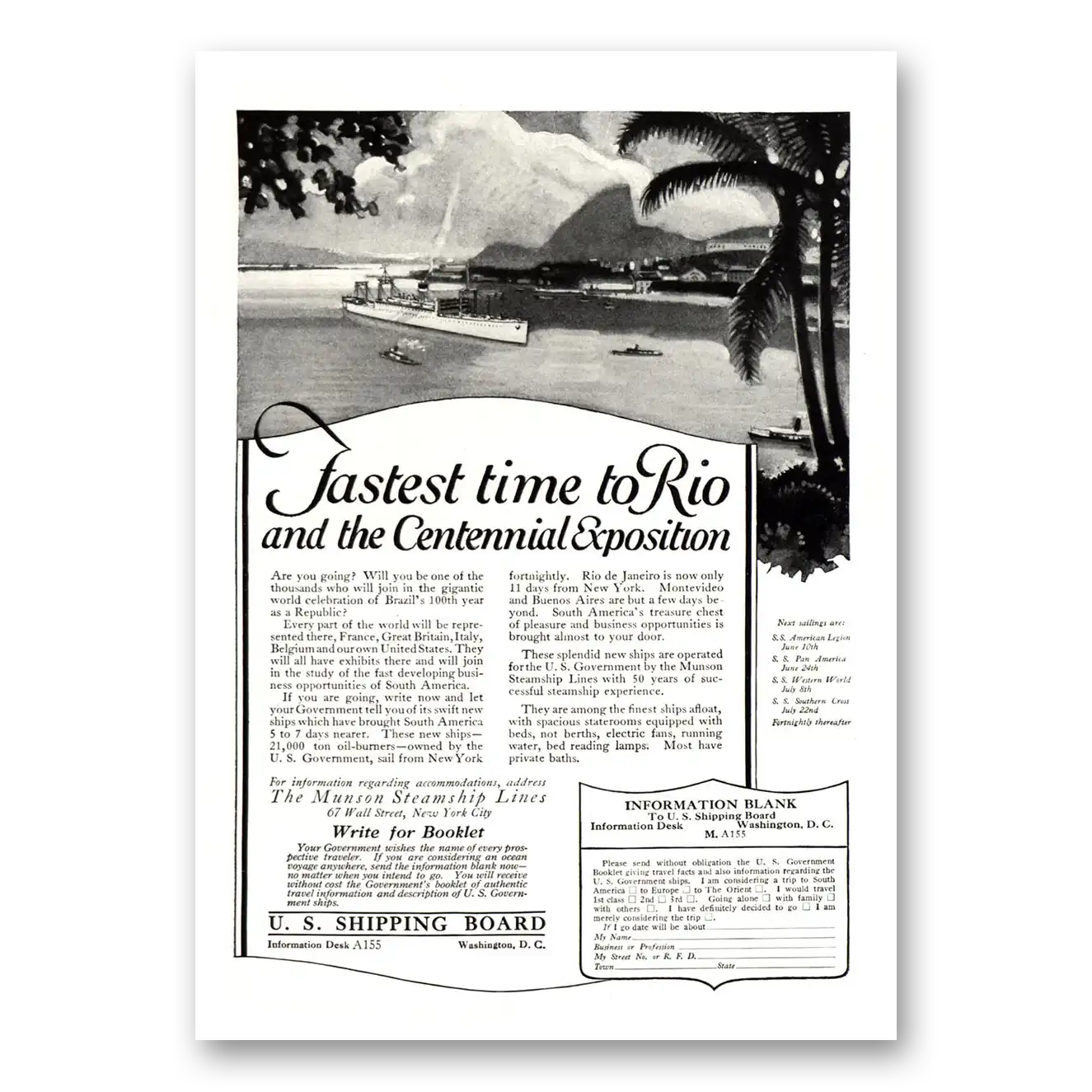 1922 Munson Steamship Lines Fastest Time to Rio Centennial Exposition Vintage Magazine Print Ad